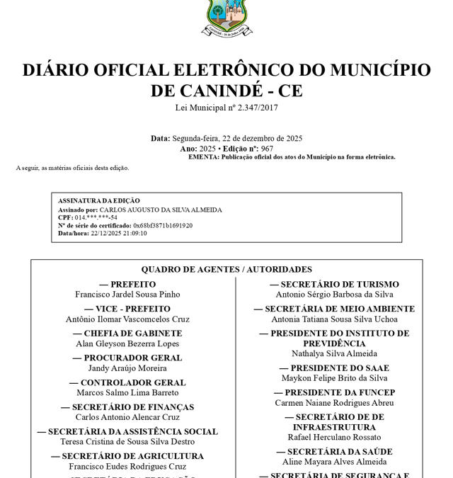 Decreto de N° 039/2025 – Dispõe sobre ponto facultativo, recesso administrativo e funcionamento dos serviços públicos municipais no período de final de ano.